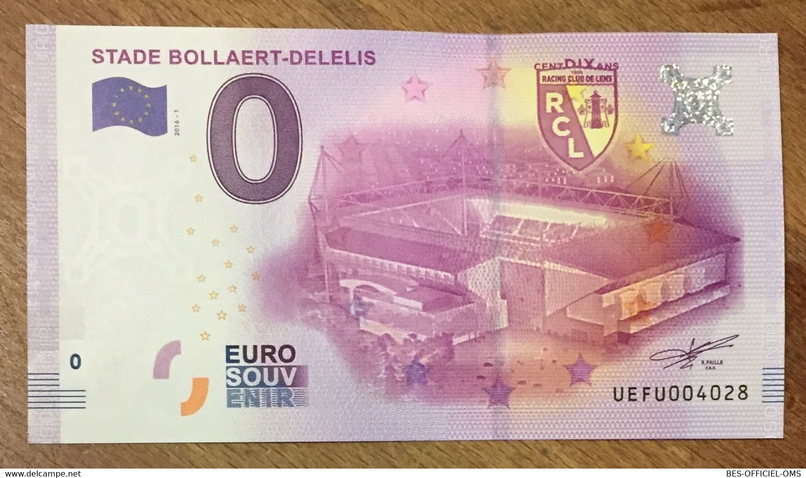 2016 BILLET 0 EURO SOUVENIR DPT 62 STADE BOLLAERT-DELELIS RCL ZERO 0 EURO SCHEIN BANKNOTE PAPER MONEY - Essais Privés / Non-officiels