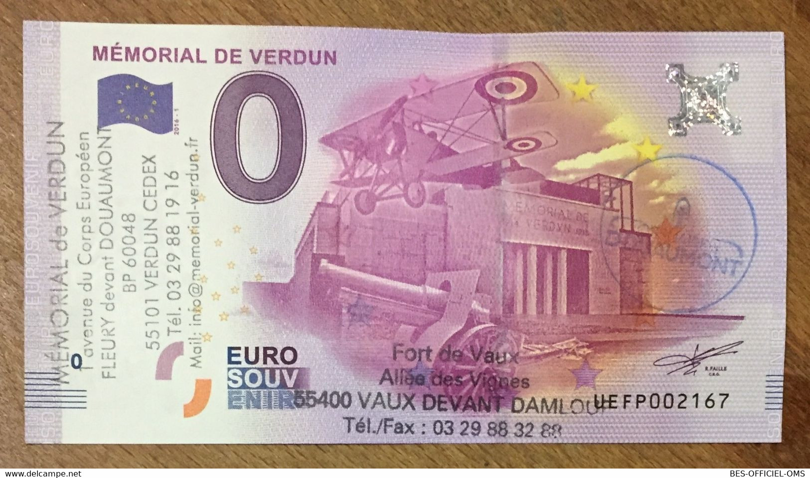 2016 BILLET 0 EURO SOUVENIR DPT 55 MÉMORIAL DE VERDUN + TAMPONS ZERO 0 EURO SCHEIN BANKNOTE PAPER MONEY BANK PAPER MONEY - Privéproeven