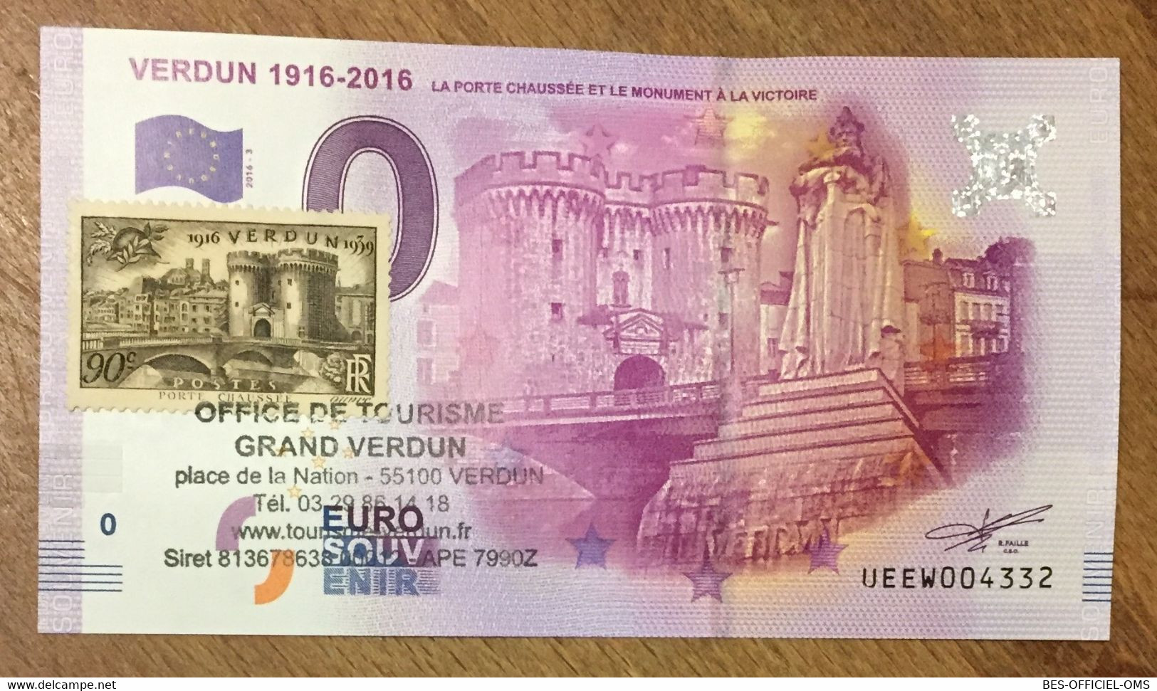 2016 BILLET 0 EURO SOUVENIR DPT 55 VERDUN 1916 - 2016 + TIMBRE ZERO 0 EURO SCHEIN BANKNOTE PAPER MONEY BANK PAPER MONEY - Privéproeven