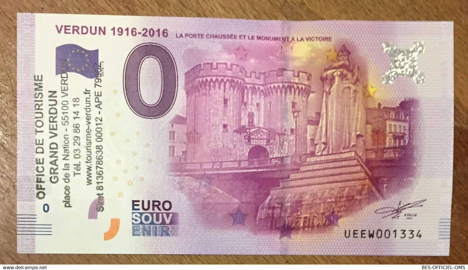 2016 BILLET 0 EURO SOUVENIR DPT 55 VERDUN 1916 - 2016 + TAMPON ZERO 0 EURO SCHEIN BANKNOTE PAPER MONEY BANK PAPER MONEY - Privéproeven