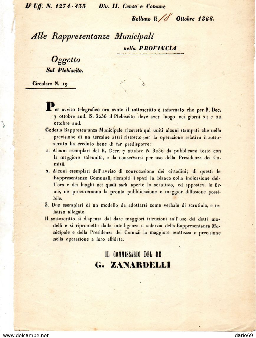 1866 BELLUNO PLEBISCITO - Documenti Storici
