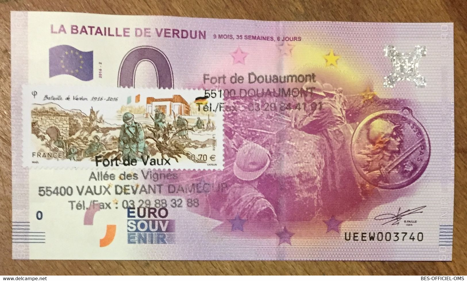 2016 BILLET 0 EURO SOUVENIR DPT 55 LA BATAILLE DE VERDUN + TIMBRE ZERO 0 EURO SCHEIN BANKNOTE PAPER MONEY BANK NOTE - Privatentwürfe