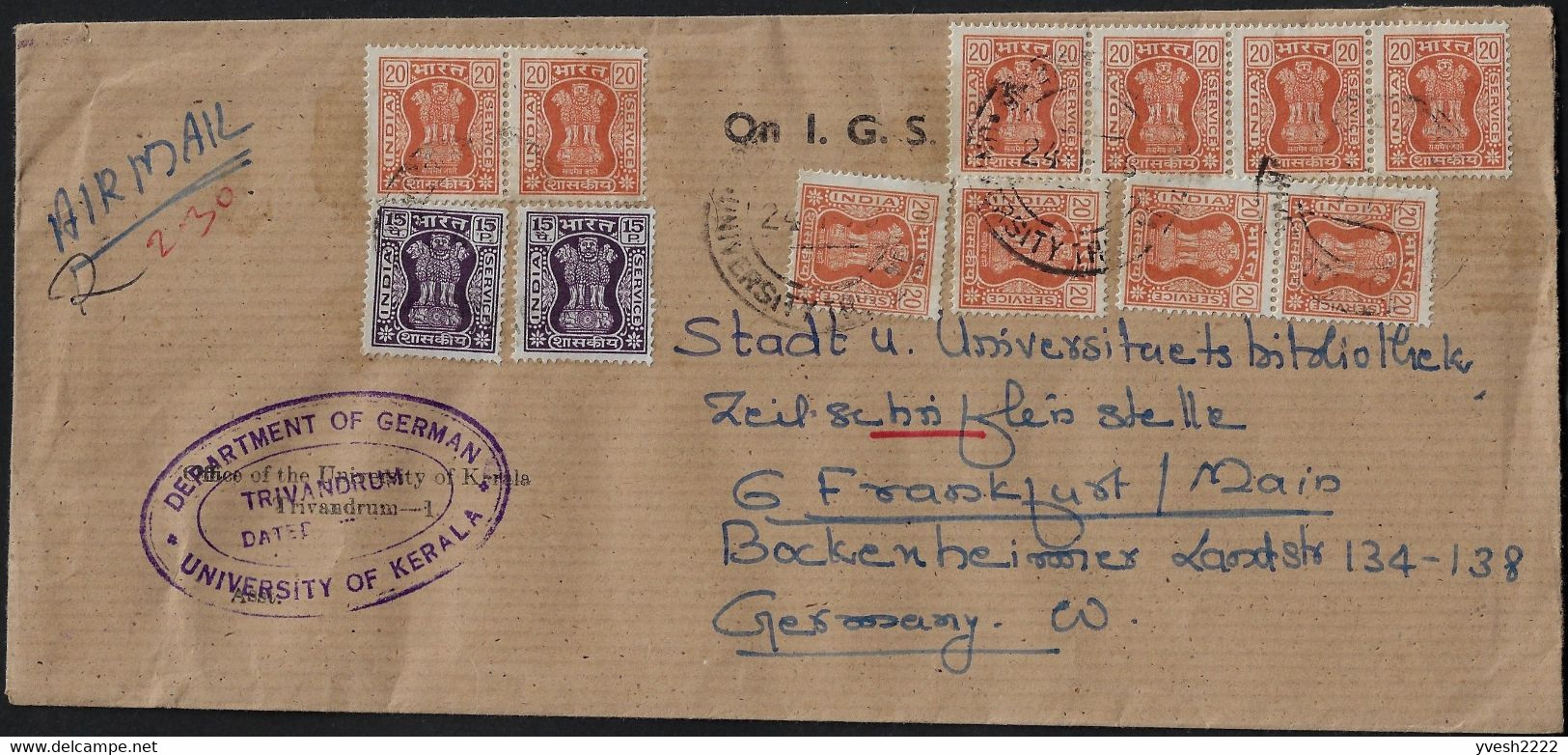 Inde 1978. 12 Timbres De Service Sur Lettre Pour L'Allemagne. Peu Commun - Timbres De Service