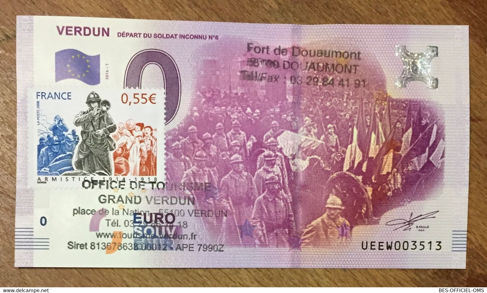 2016 BILLET 0 EURO SOUVENIR DPT 55 VERDUN SOLDAT INCONNU + TIMBRE ZERO 0 EURO SCHEIN BANKNOTE PAPER MONEY BANK - Essais Privés / Non-officiels