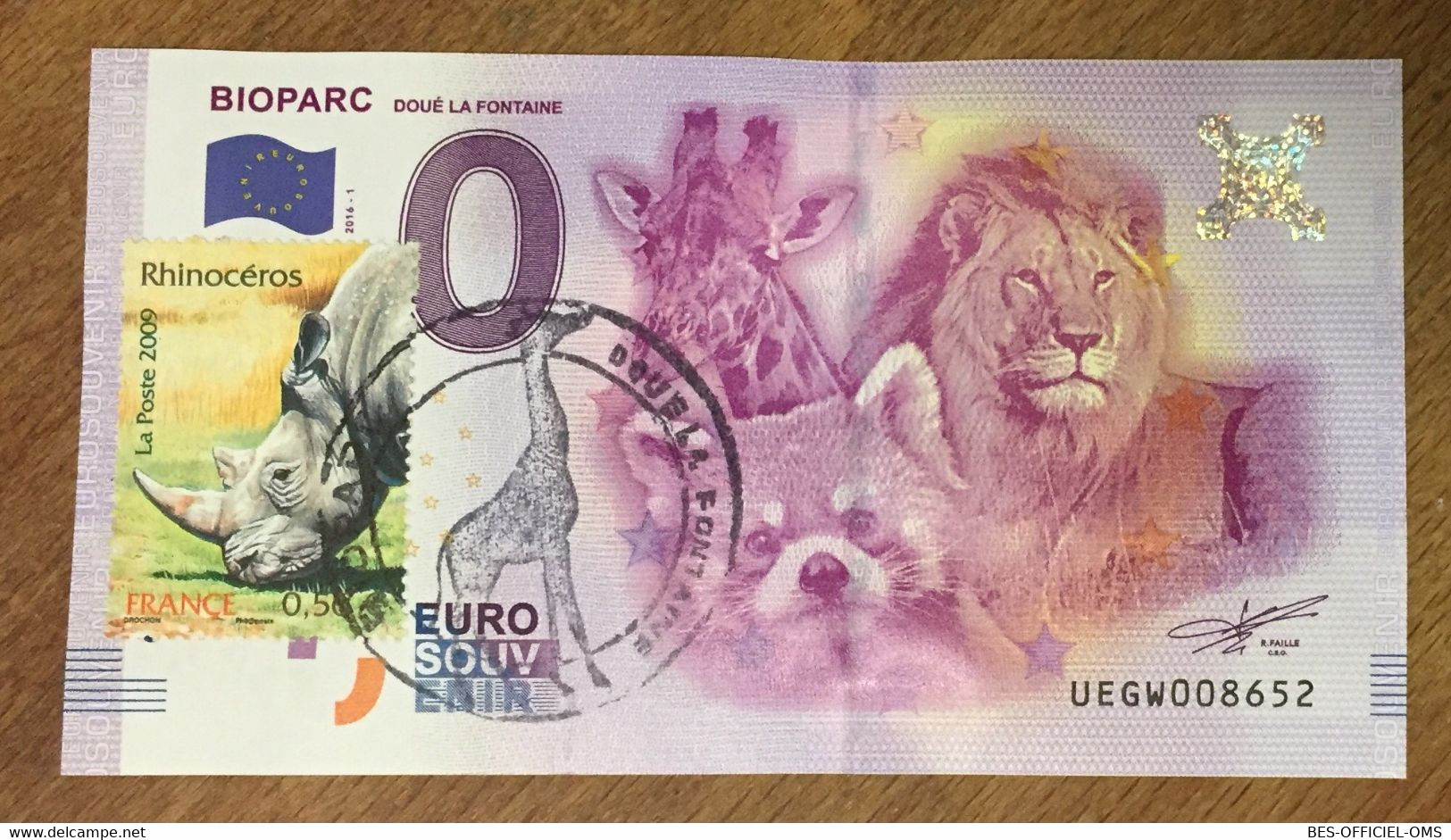 2016 BILLET 0 EURO SOUVENIR DPT 49 BIOPARC DOUÉ LA FONTAINE + TIMBRE ZERO 0 EURO SCHEIN BANKNOTE PAPER MONEY BANK - Private Proofs / Unofficial