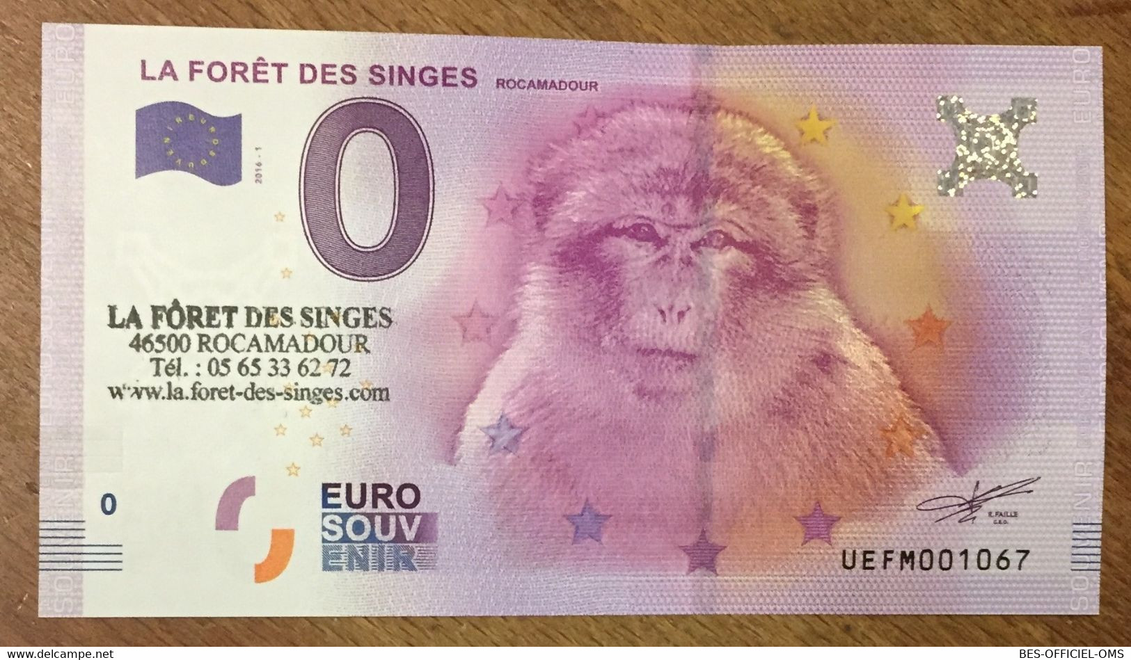 2016 BILLET 0 EURO SOUVENIR DPT 46 LA FORÊT DES SINGES ROCAMADOUR + TAMPON ZERO 0 EURO SCHEIN BANKNOTE PAPER MONEY BANK - Essais Privés / Non-officiels