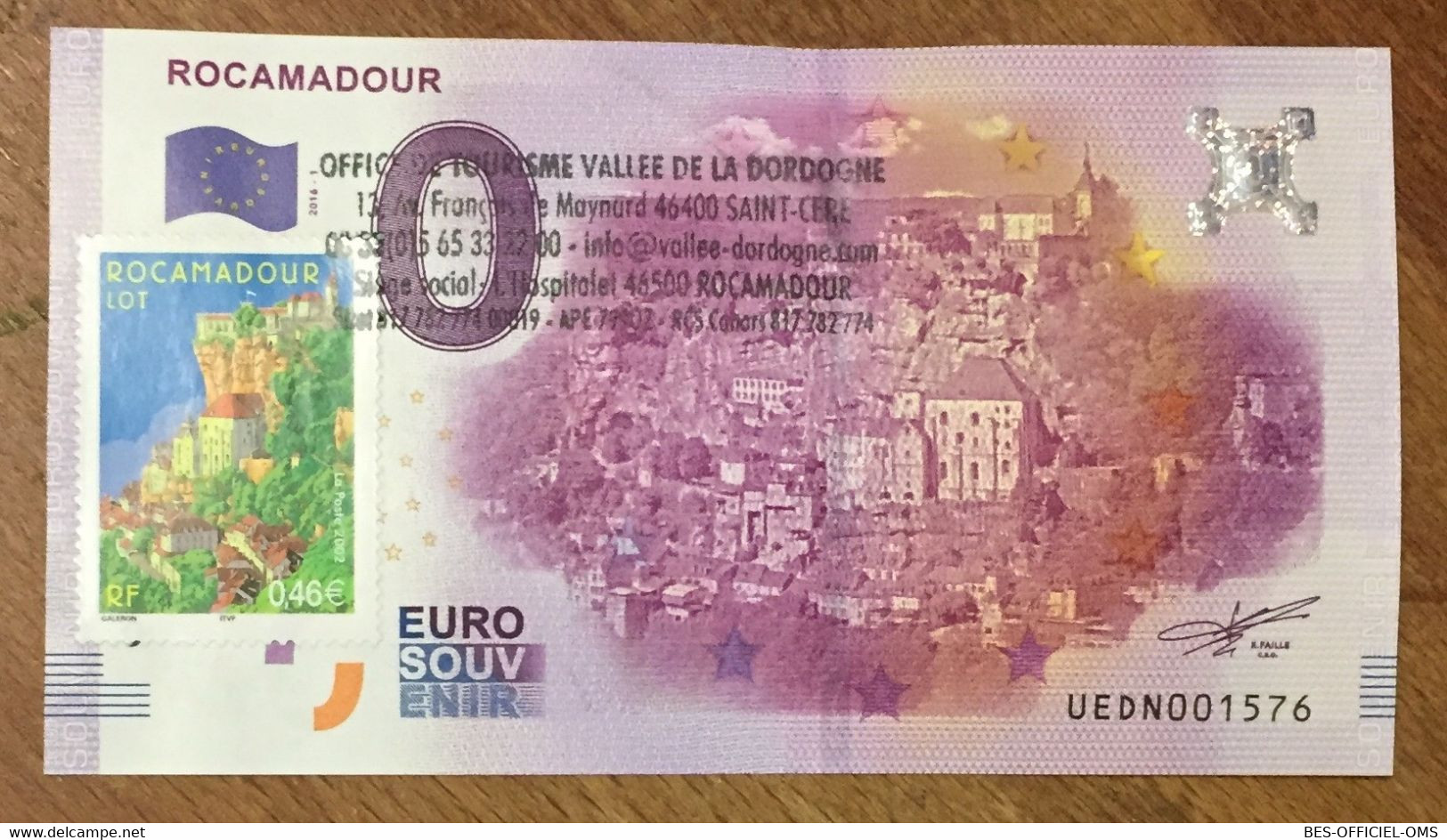 2016 BILLET 0 EURO SOUVENIR DPT 46 ROCAMADOUR + TIMBRE ZERO 0 EURO SCHEIN BANKNOTE PAPER MONEY BANK - Essais Privés / Non-officiels