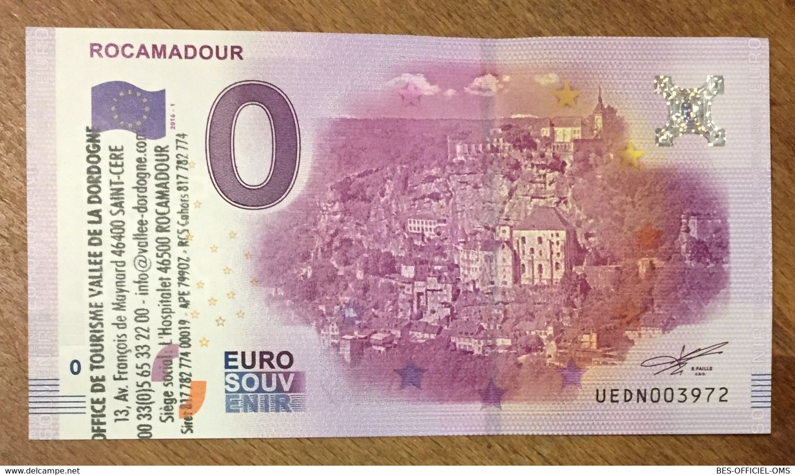 2016 BILLET 0 EURO SOUVENIR DPT 46 ROCAMADOUR + TAMPON ZERO 0 EURO SCHEIN BANKNOTE PAPER MONEY BANK - Privéproeven