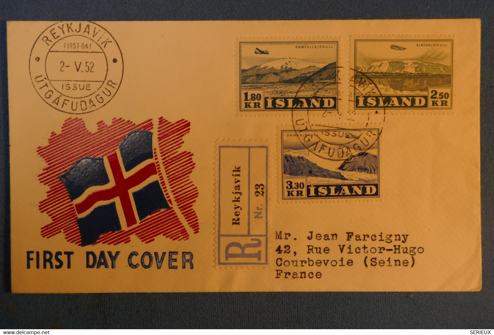 E12 ISLANDE LETTRE RECO 1952 REYKJAVIK POUR COURBEVOIE FRANCE + DAY FIRST COVER AFFRANC PLAISANT - Storia Postale