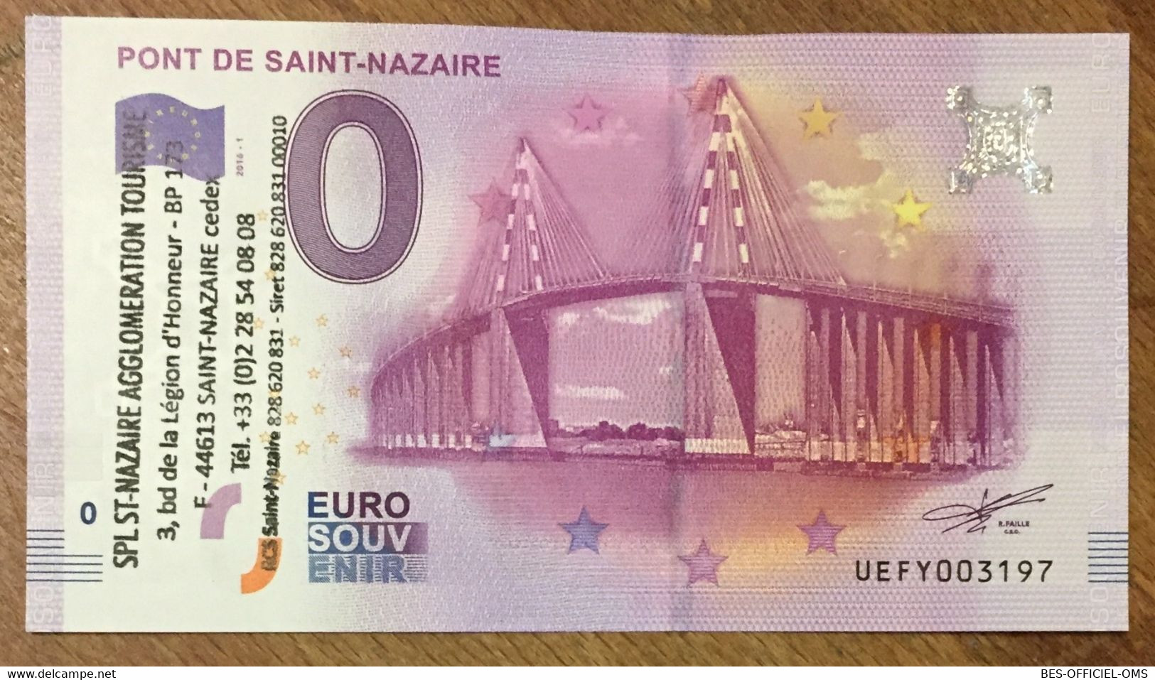 2016 BILLET 0 EURO SOUVENIR DPT 44 PONT DE SAINT-NAZAIRE + TAMPON ZERO 0 EURO SCHEIN BANKNOTE PAPER MONEY BANK - Privatentwürfe