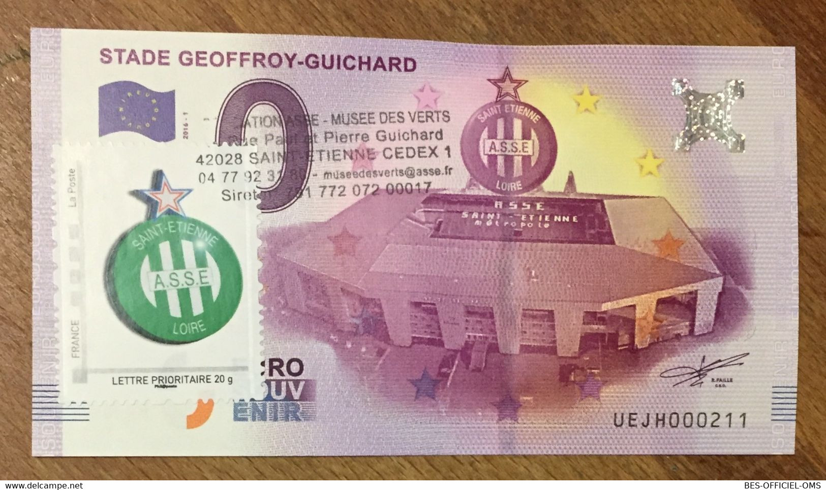 2016 BILLET 0 EURO SOUVENIR DPT 42 STADE GEOFFROY-GUICHARD + TIMBRE ZERO 0 EURO SCHEIN BANKNOTE PAPER MONEY BANK - Privatentwürfe