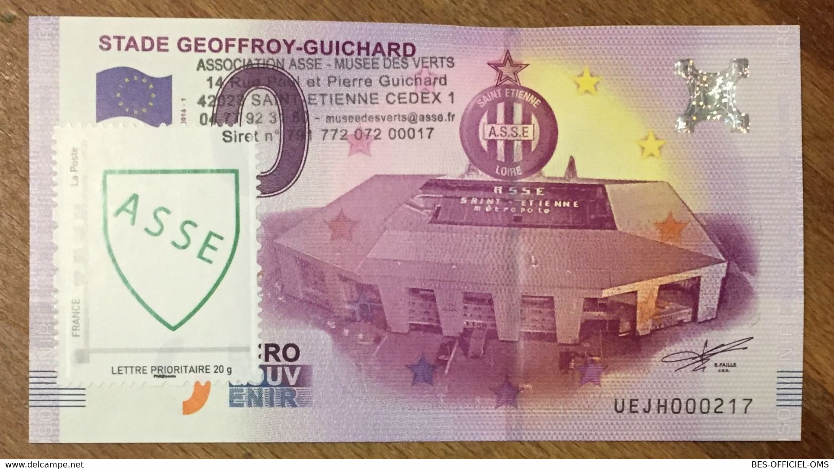 2016 BILLET 0 EURO SOUVENIR DPT 42 STADE GEOFFROY-GUICHARD + TIMBRE ZERO 0 EURO SCHEIN BANKNOTE PAPER MONEY BANK - Privatentwürfe