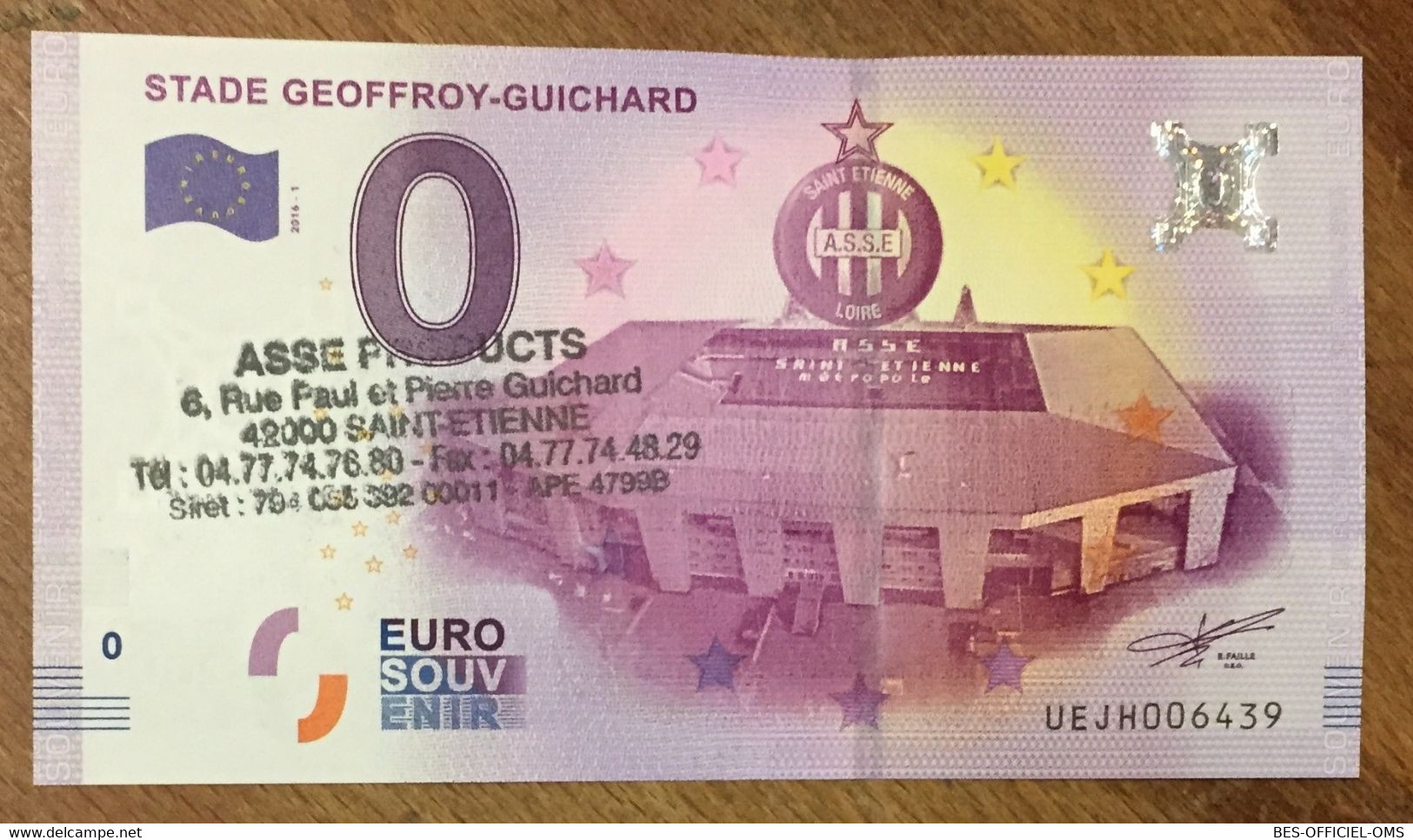 2016 BILLET 0 EURO SOUVENIR DPT 42 STADE GEOFFROY-GUICHARD + TAMPON ZERO 0 EURO SCHEIN BANKNOTE PAPER MONEY BANK - Privatentwürfe