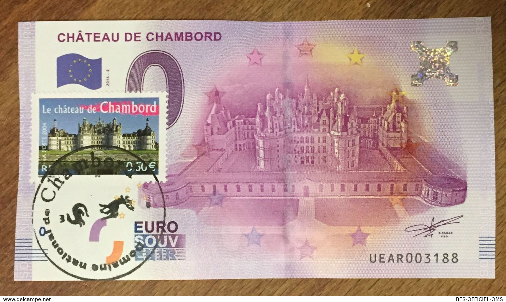 2016 BILLET 0 EURO SOUVENIR DPT 41 CHÂTEAU DE CHAMBORD + TIMBRE ZERO 0 EURO SCHEIN BANKNOTE PAPER MONEY BANK - Essais Privés / Non-officiels
