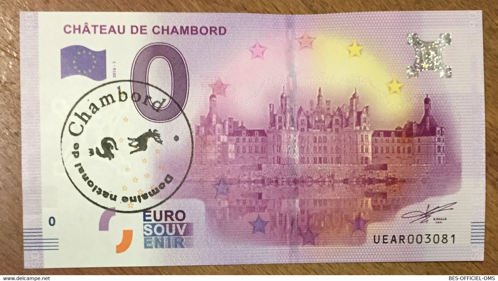 2016 BILLET 0 EURO SOUVENIR DPT 41 CHÂTEAU DE CHAMBORD + TAMPON ZERO 0 EURO SCHEIN BANKNOTE PAPER MONEY BANK - Privatentwürfe