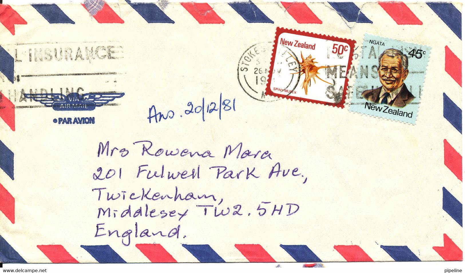 New Zealand Air Mail Cover Sent To England 26-11-1981 - Airmail