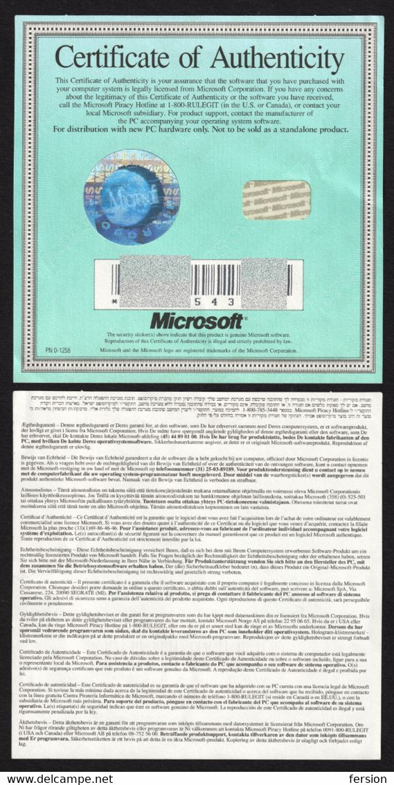 Microsoft SOFTWARE MS-DOS 6 Certificate Of Authenticity LICENSE Hologram Holography LABEL VIGNETTE Globe Earth - Other & Unclassified