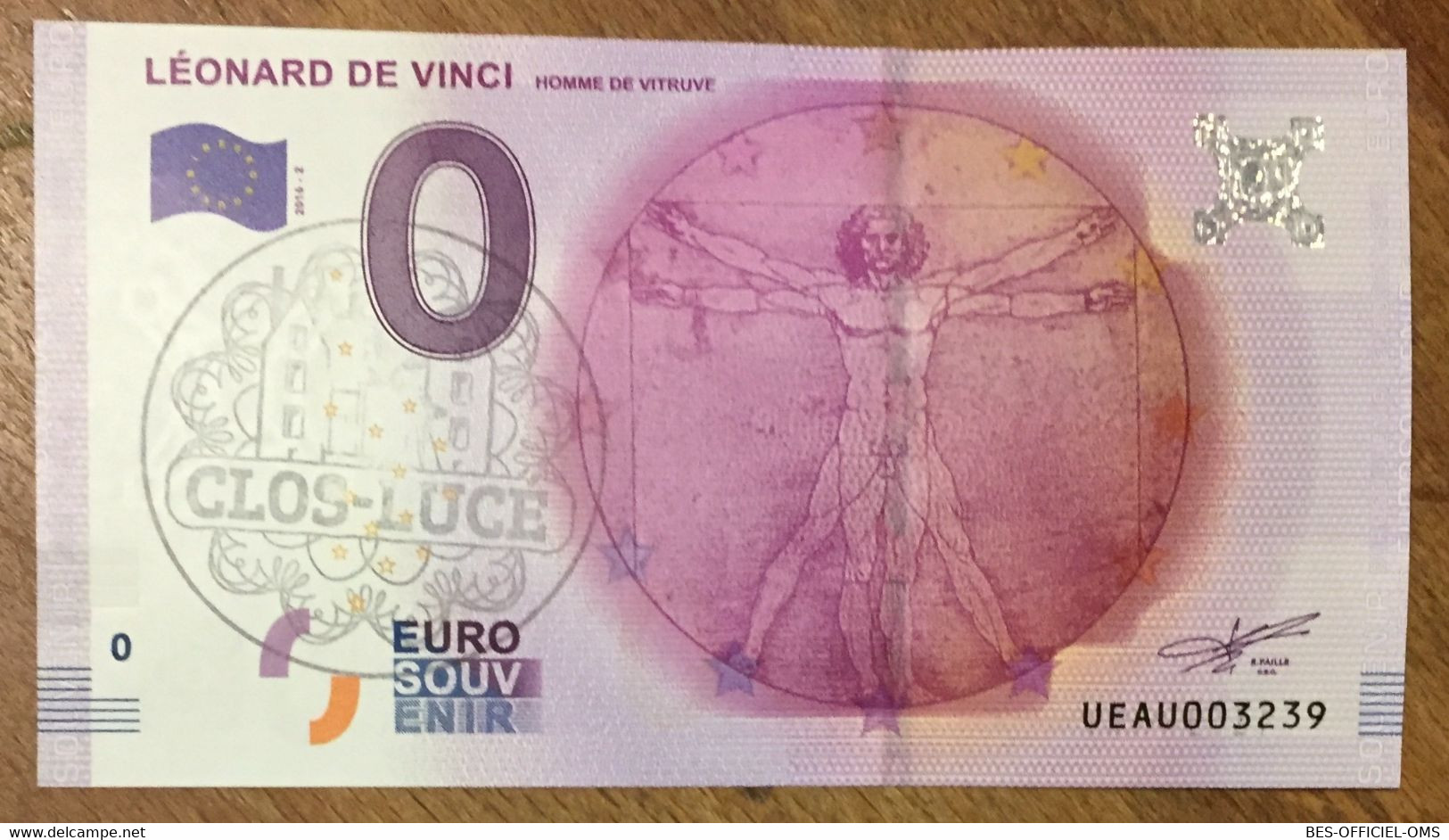 2016 BILLET 0 EURO SOUVENIR DPT 37 LÉONARD DE VINCI + TAMPON ZERO 0 EURO SCHEIN BANKNOTE PAPER MONEY BANK - Essais Privés / Non-officiels