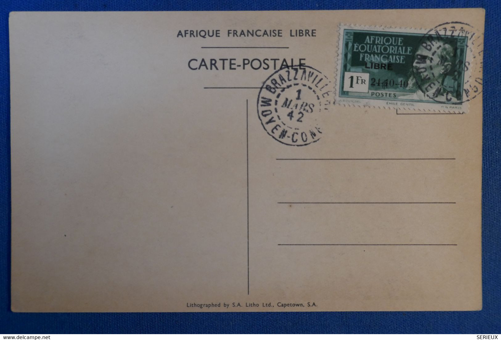 19 FRANCE A E F MOYEN CONGO BELLE CARTE 1942 DE BRAZZAVILLE GEN  DE GAULLE +N°140C + SURCHARGES +AFFRANCH  PLAISANT - Lettres & Documents