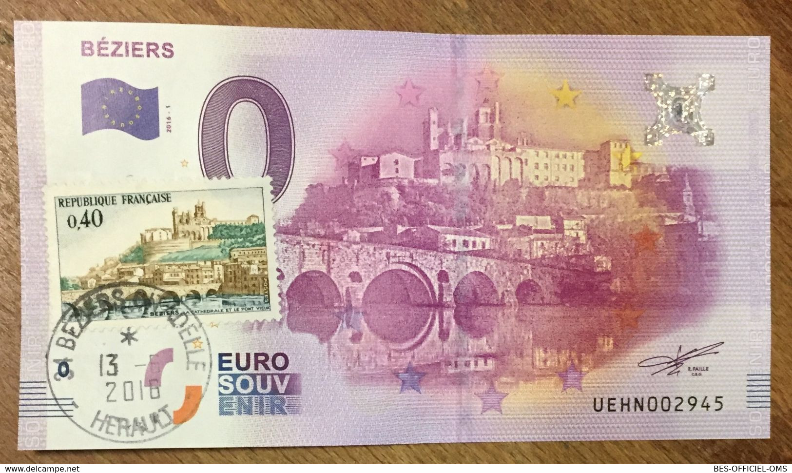 2016 BILLET 0 EURO SOUVENIR DPT 34 BÉZIERS + TIMBRE ZERO 0 EURO SCHEIN BANKNOTE PAPER MONEY BANK - Essais Privés / Non-officiels