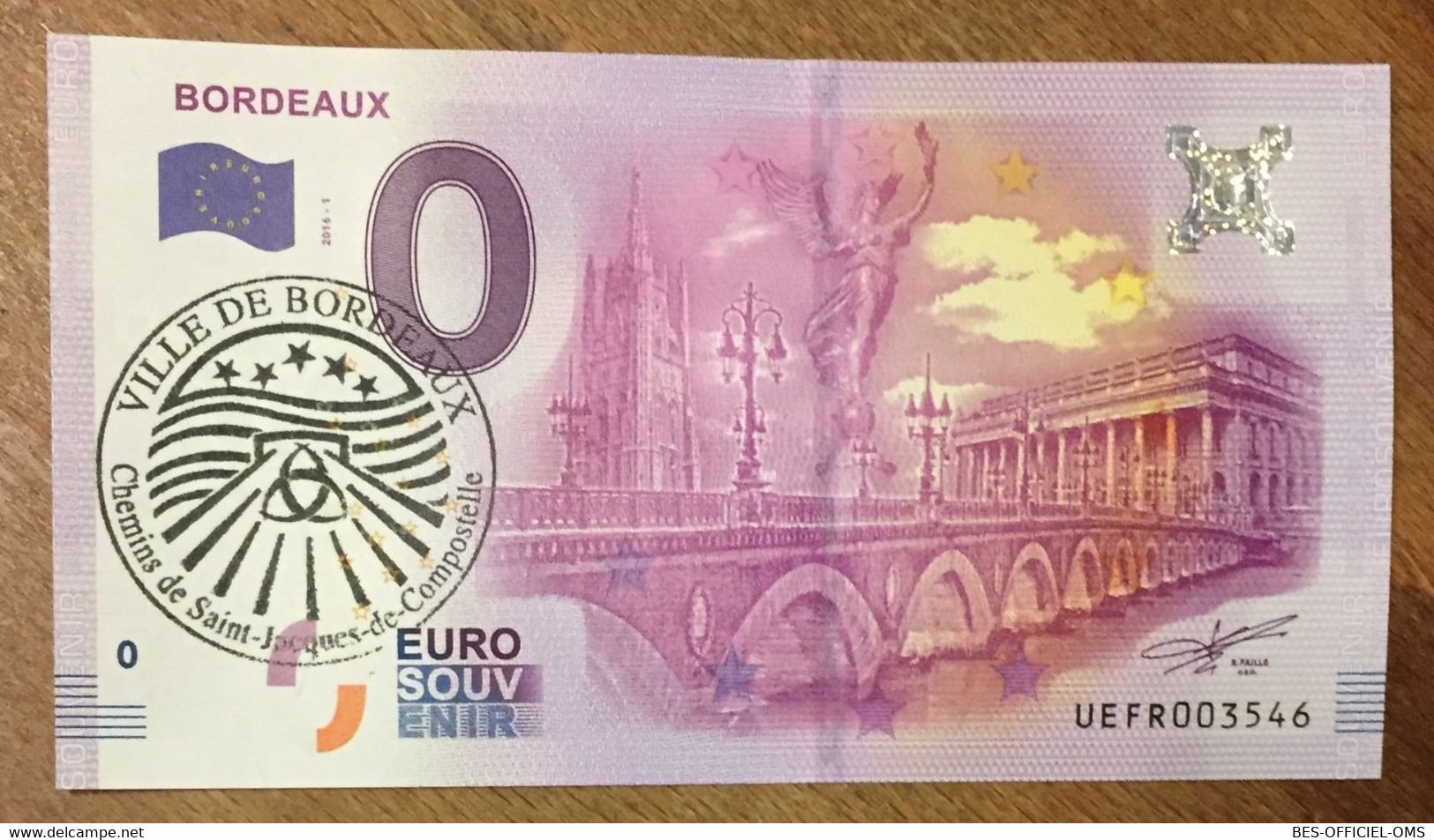 2016 BILLET 0 EURO SOUVENIR DPT 33 BORDEAUX LE PONT + TAMPON ZERO 0 EURO SCHEIN BANKNOTE PAPER MONEY BANK - Essais Privés / Non-officiels