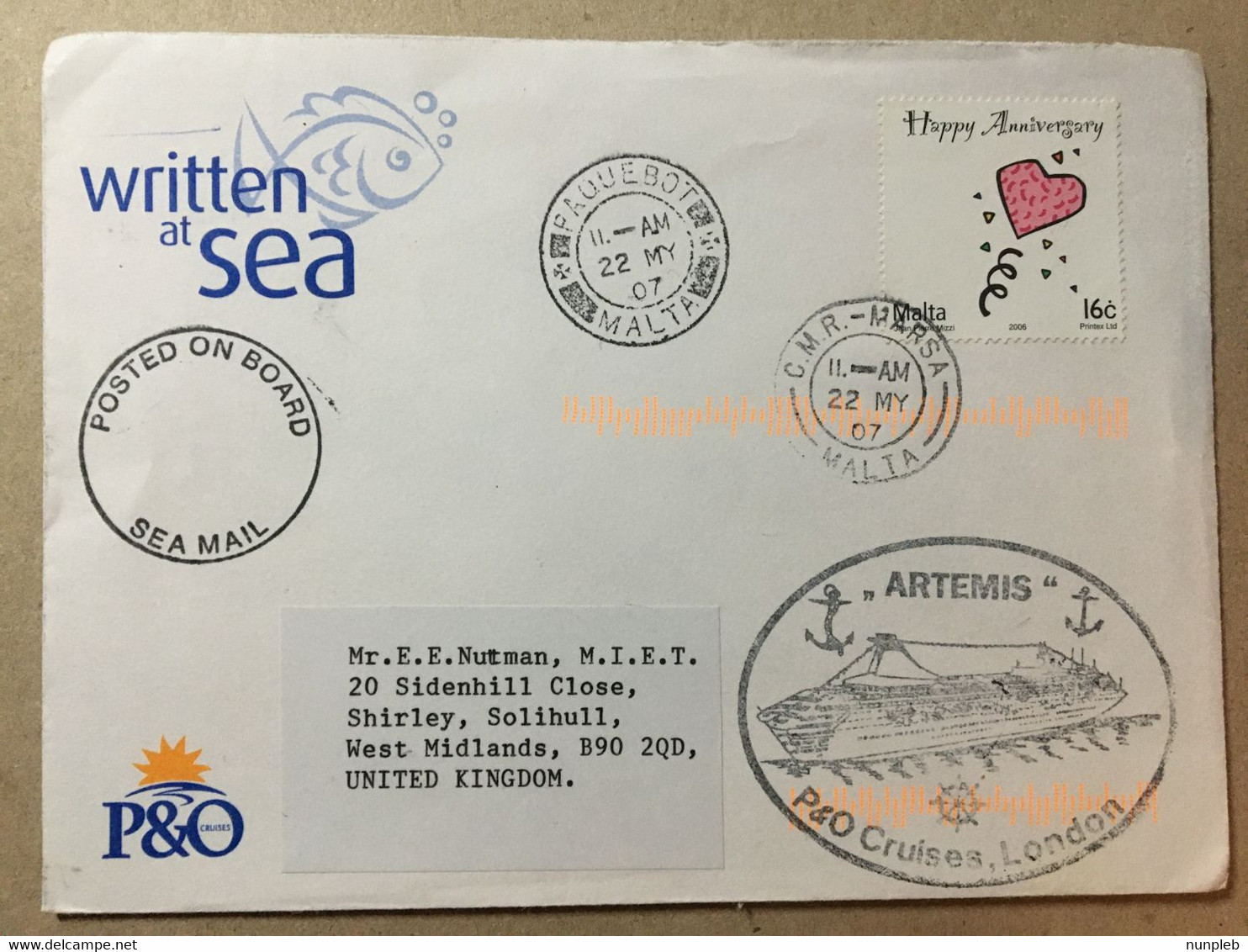 MALTA 2007 Sea Mail Cover To UK With Artemis P& O Cachet, Paquebot And Posted On Board Cachets - Malta