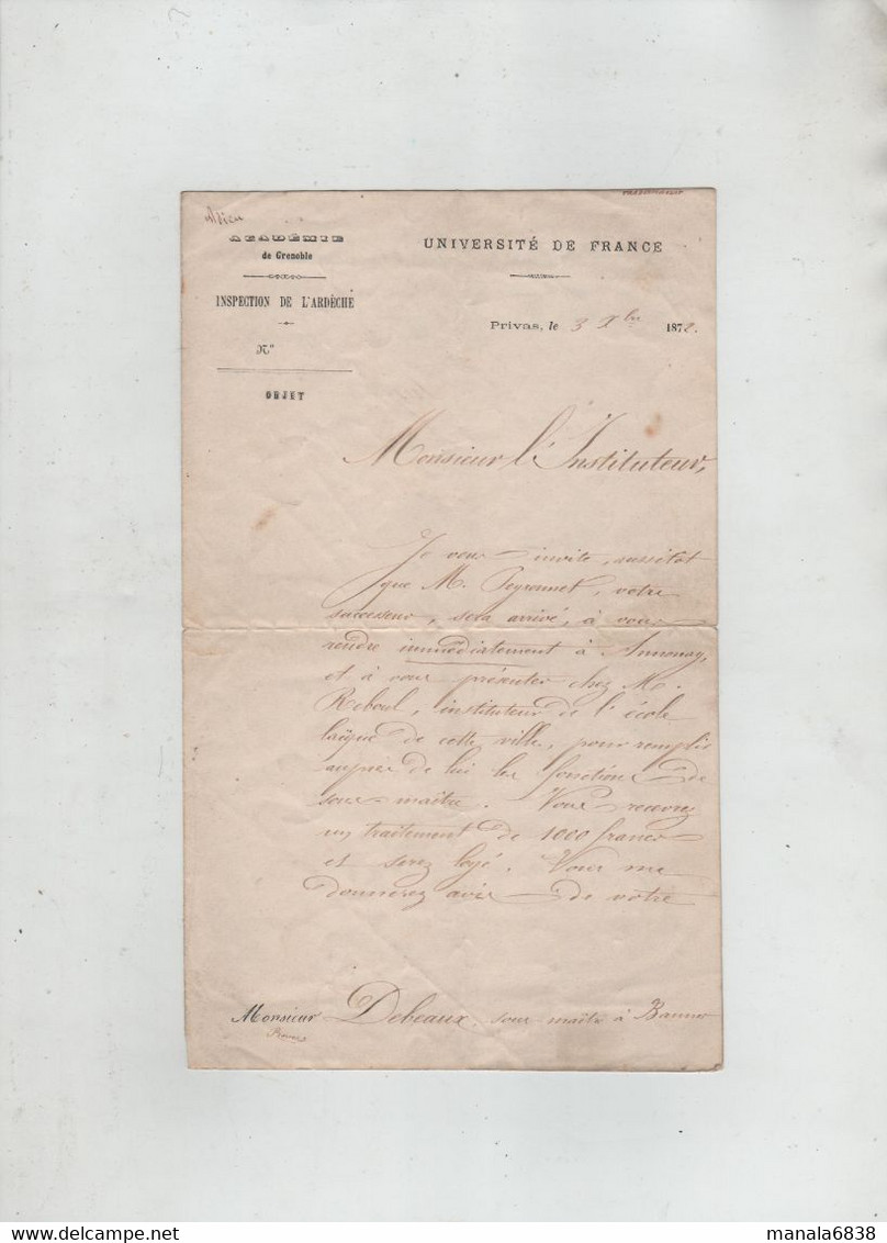 Lettre 1872 Privas Peyronnet Debeaux Banne Annonay Instituteur école - Non Classés