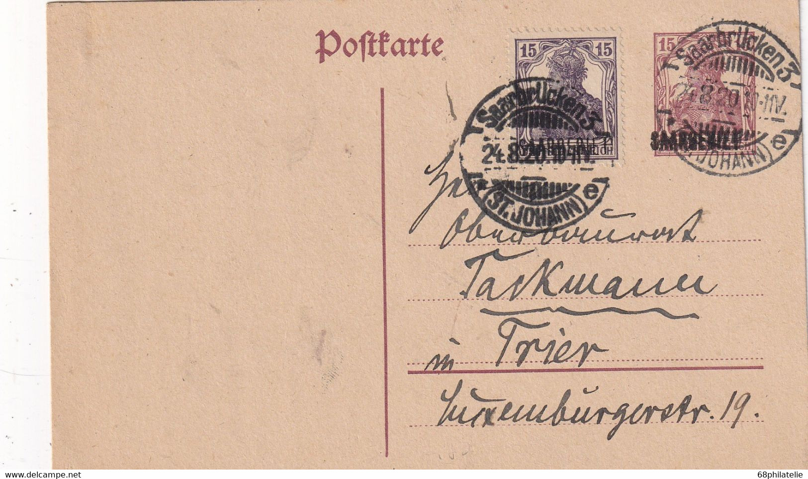 SAARGEBIET 1920  ENTIER POSTAL/GANZSACHE/POSTAL STATIONARY CARTE DE SAARBRÜCKEN - Entiers Postaux