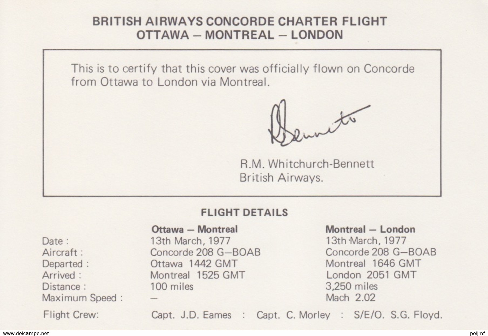 Canada, Vol Du Concorde (Ottawa, Montreal, Londres) Obl. Ottawa Le 12 III 77 Sur N° 610 + Détails Du Vol - Erst- U. Sonderflugbriefe