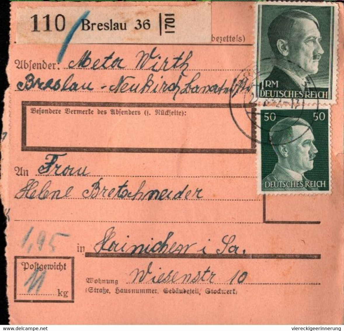 ! 1942 Breslau 36 (Wroclaw) Nach Hainichen, Paketkarte, Deutsches Reich, 3. Reich - Covers & Documents