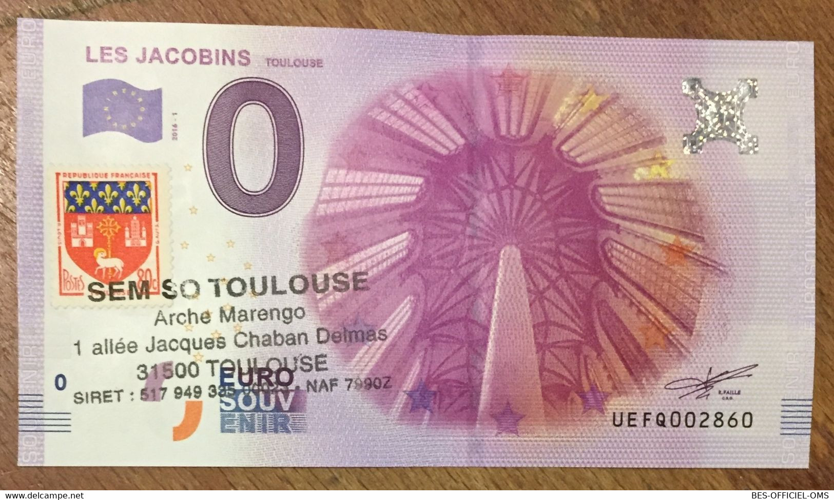 2016 BILLET 0 EURO SOUVENIR DPT 31 LES JACOBINS TOULOUSE + TIMBRE ZERO 0 EURO SCHEIN BANKNOTE PAPER MONEY BANK - Essais Privés / Non-officiels