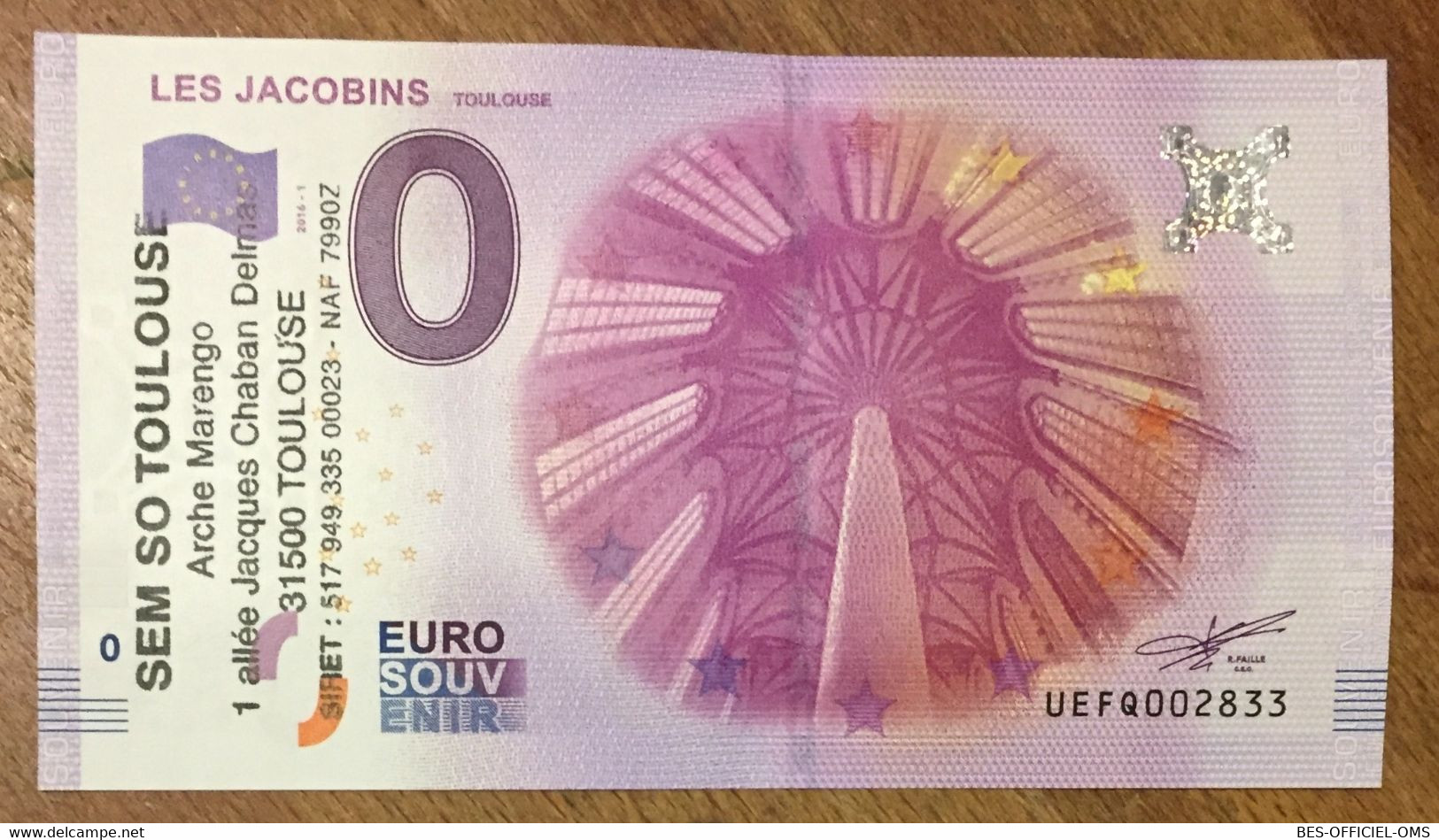 2016 BILLET 0 EURO SOUVENIR DPT 31 LES JACOBINS TOULOUSE + TAMPON ZERO 0 EURO SCHEIN BANKNOTE PAPER MONEY BANK - Essais Privés / Non-officiels