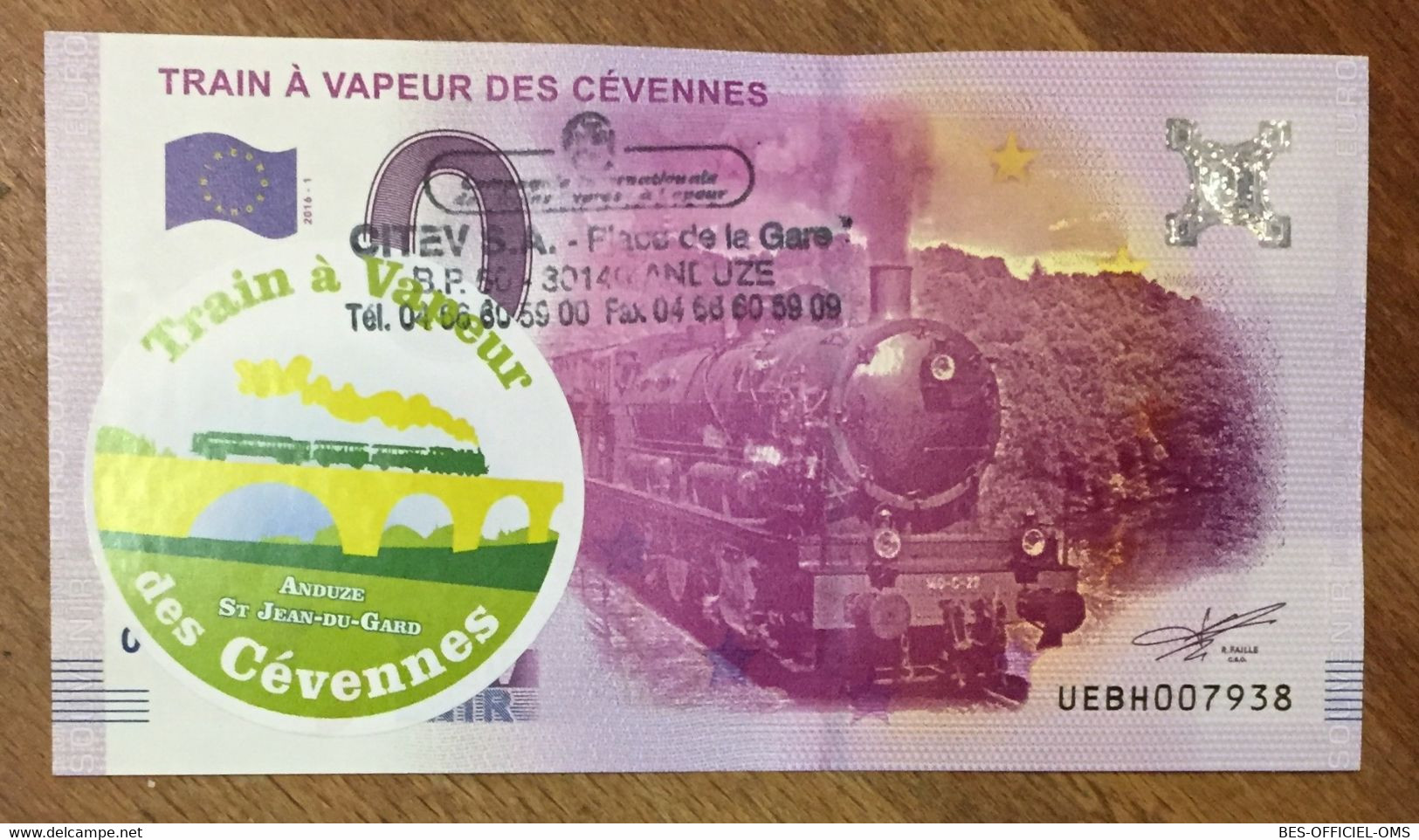 2016 BILLET 0 EURO SOUVENIR DPT 30 TRAIN À VAPEUR DES CÉVENNES + AUTOCOLLANT ZERO EURO SCHEIN BANKNOTE PAPER MONEY BANK - Essais Privés / Non-officiels