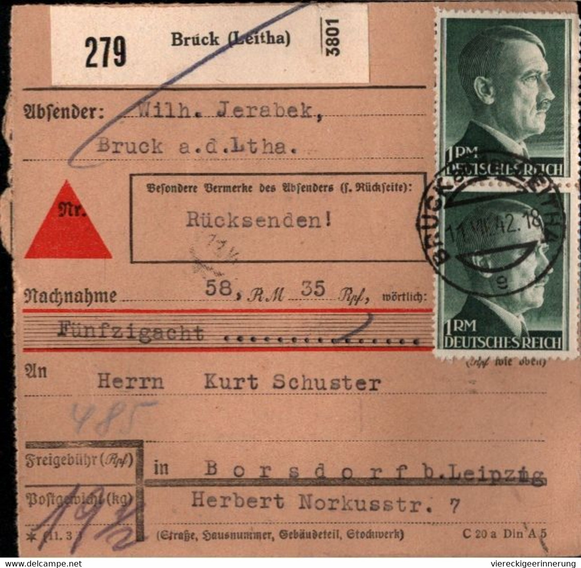! 1943 Bruck (Leitha) Nach Borsdorf, Nachnahme Paketkarte, Deutsches Reich, 3. Reich - Covers & Documents