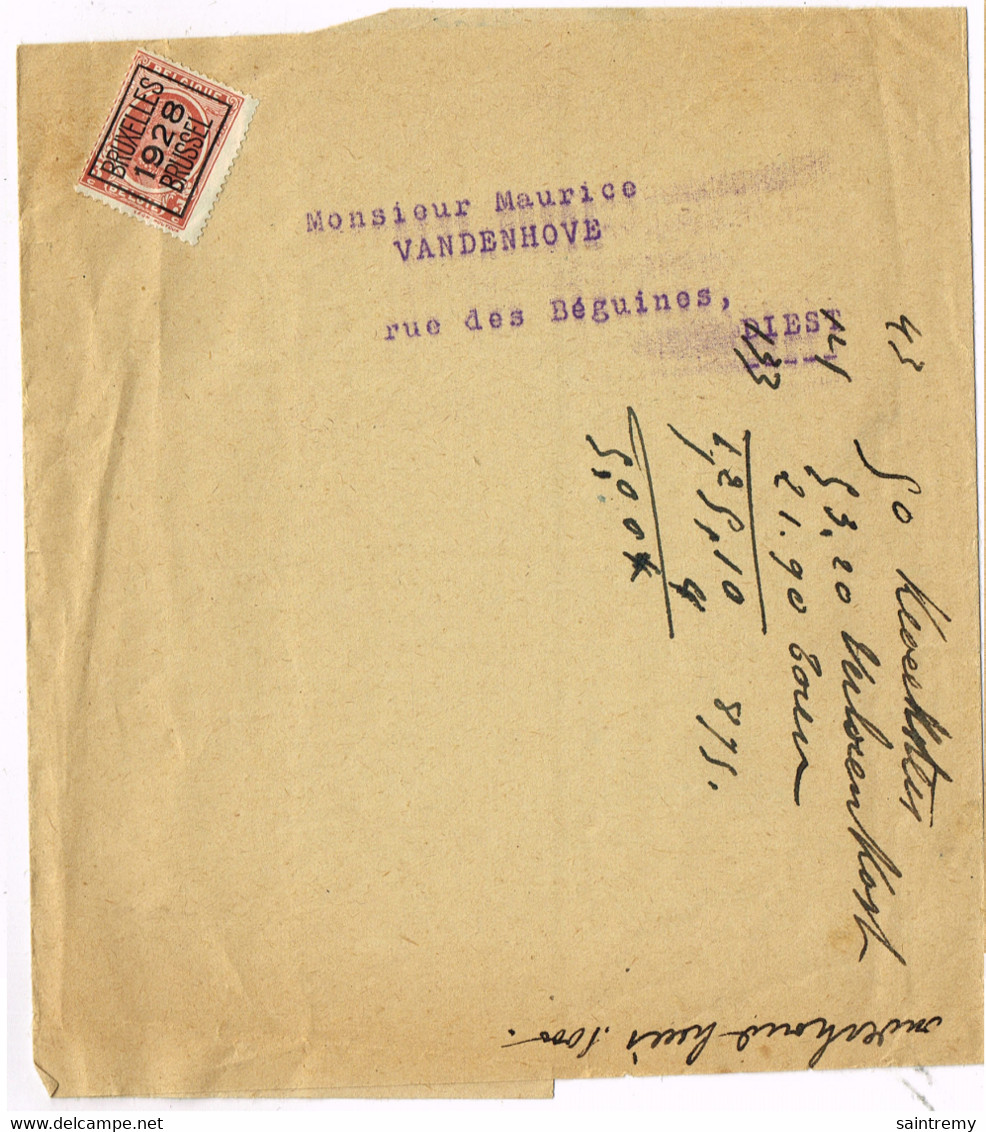 166 Houyoux Bruxelles 1928 Sur Document - Typo Precancels 1922-31 (Houyoux)