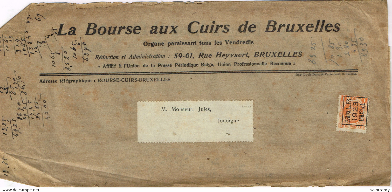 72 Houyoux 1c De Bruxelles 1923 Sur Document - Typografisch 1922-31 (Houyoux)