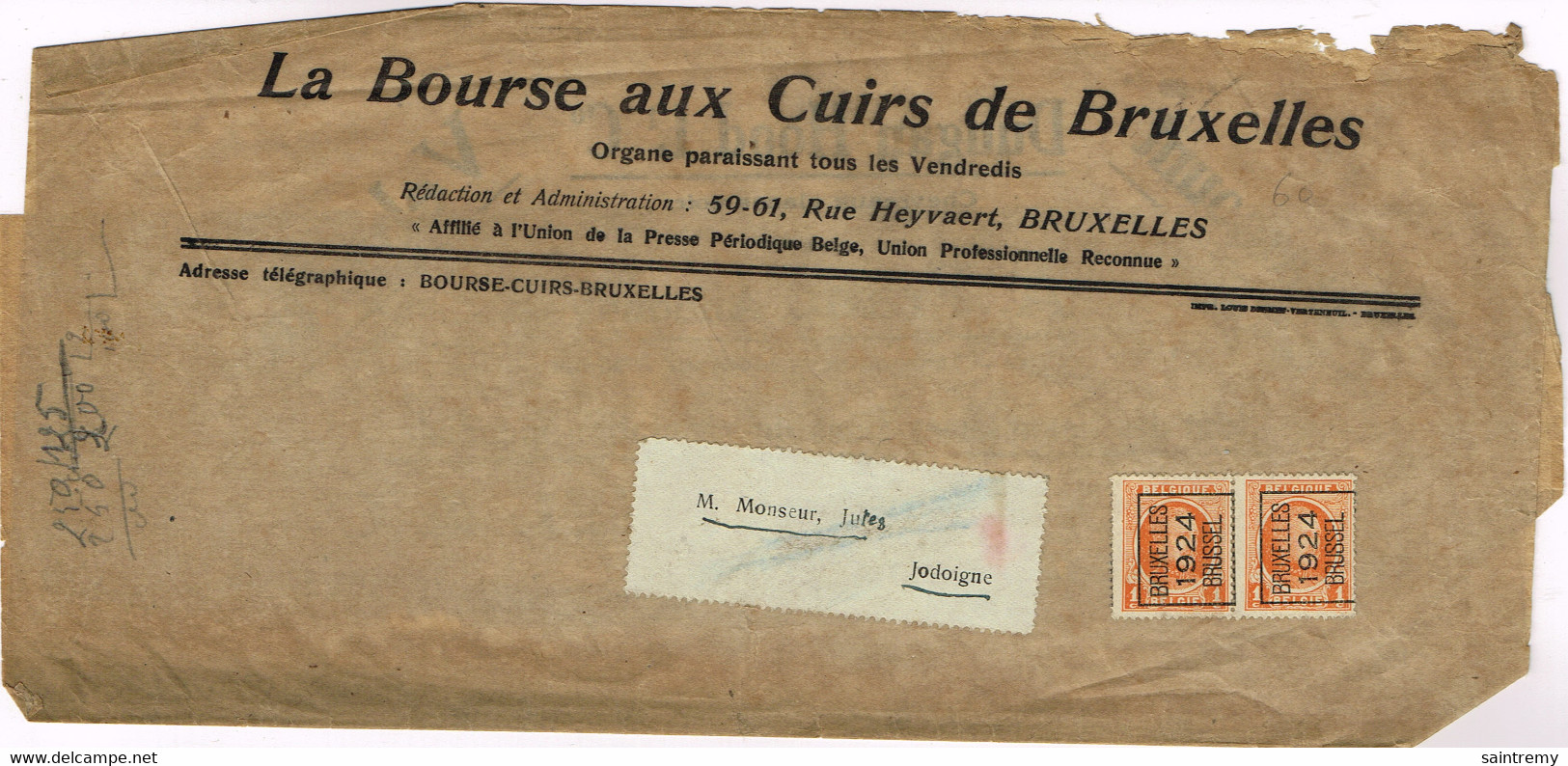 92 Houyoux 1c En Paire De Bruxelles 1924 Sur Document - Typografisch 1922-31 (Houyoux)