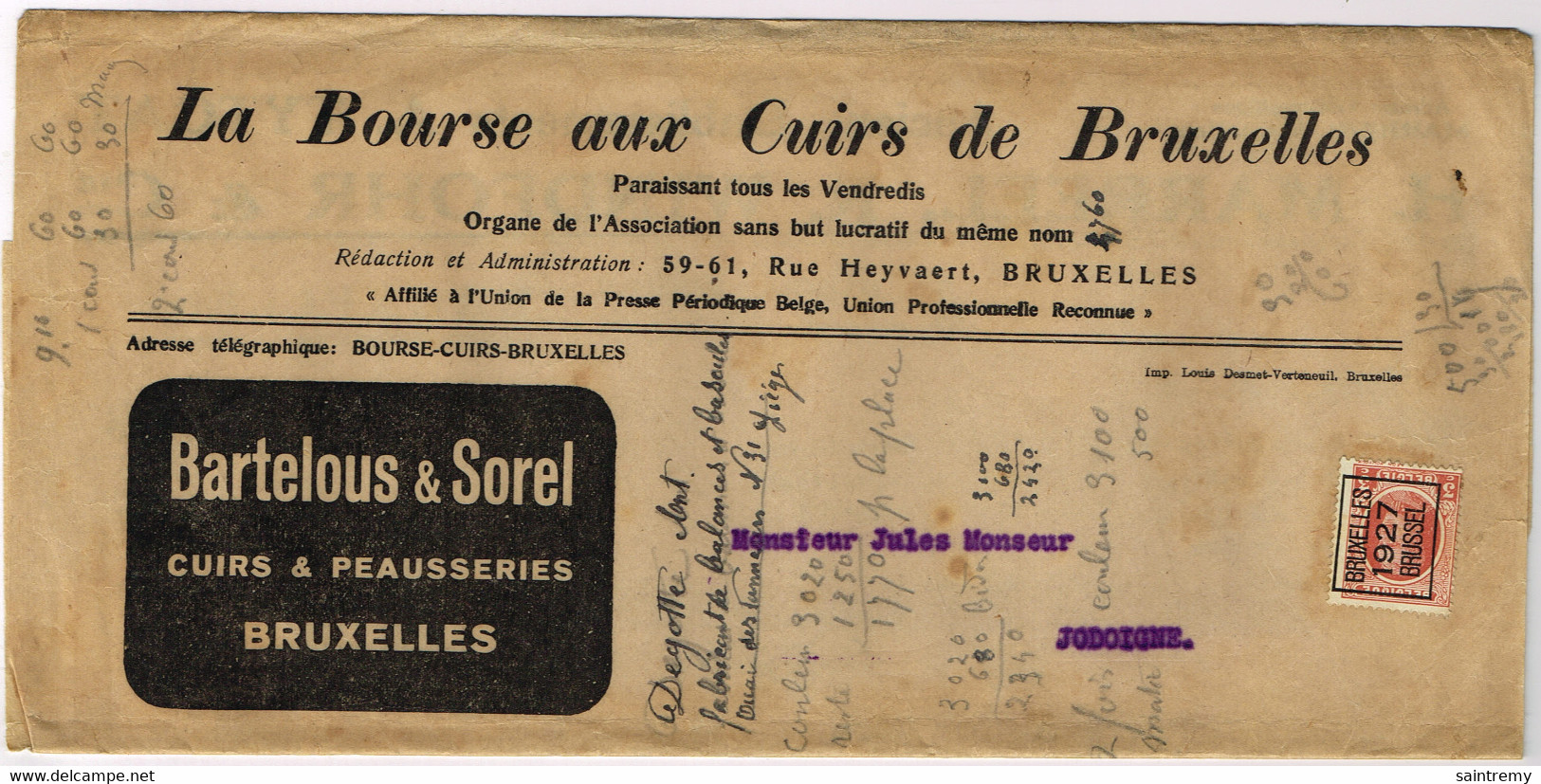 150 Houyoux 3c De Bruxelles 1927 Sur Document - Typos 1922-31 (Houyoux)