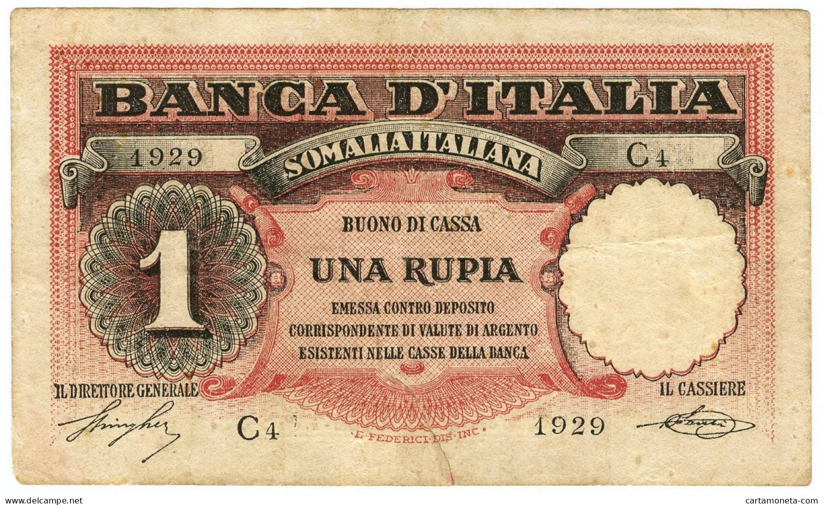 1 RUPIA COLONIA ITALIANA DELLA SOMALIA BANCA D'ITALIA 08/09/1920 BB- - Terra Di Somalia
