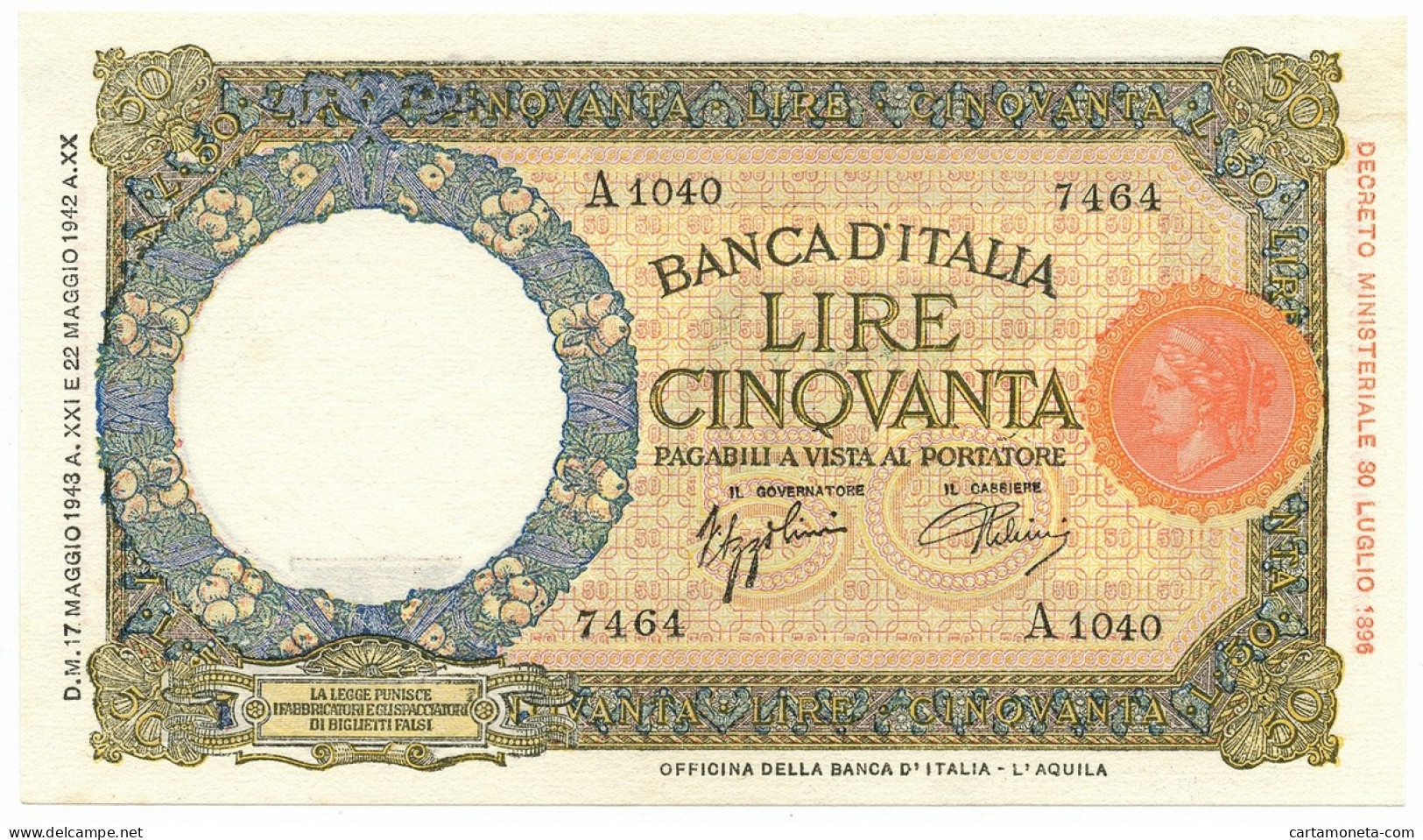 50 LIRE CAPRANESI LUPA CAPITOLINA M. STRETTO FASCIO L'AQUILA 17/05/1943 SUP - Regno D'Italia – Other