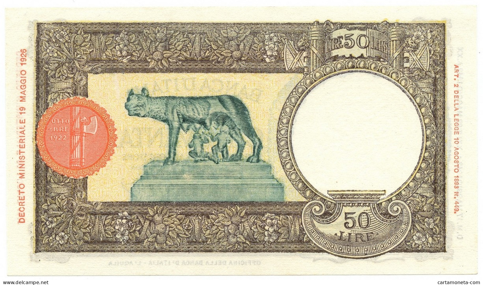 50 LIRE CAPRANESI LUPA CAPITOLINA M. STRETTO FASCIO L'AQUILA 17/05/1943 SUP - Regno D'Italia – Autres