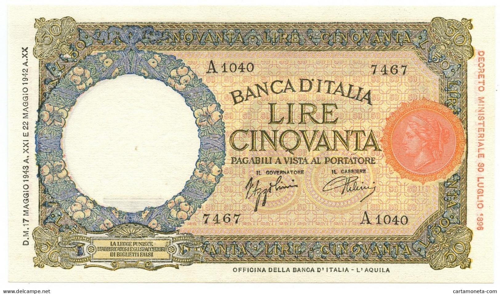 50 LIRE CAPRANESI LUPA CAPITOLINA M. STRETTO FASCIO L'AQUILA 17/05/1943 SUP+ - Andere