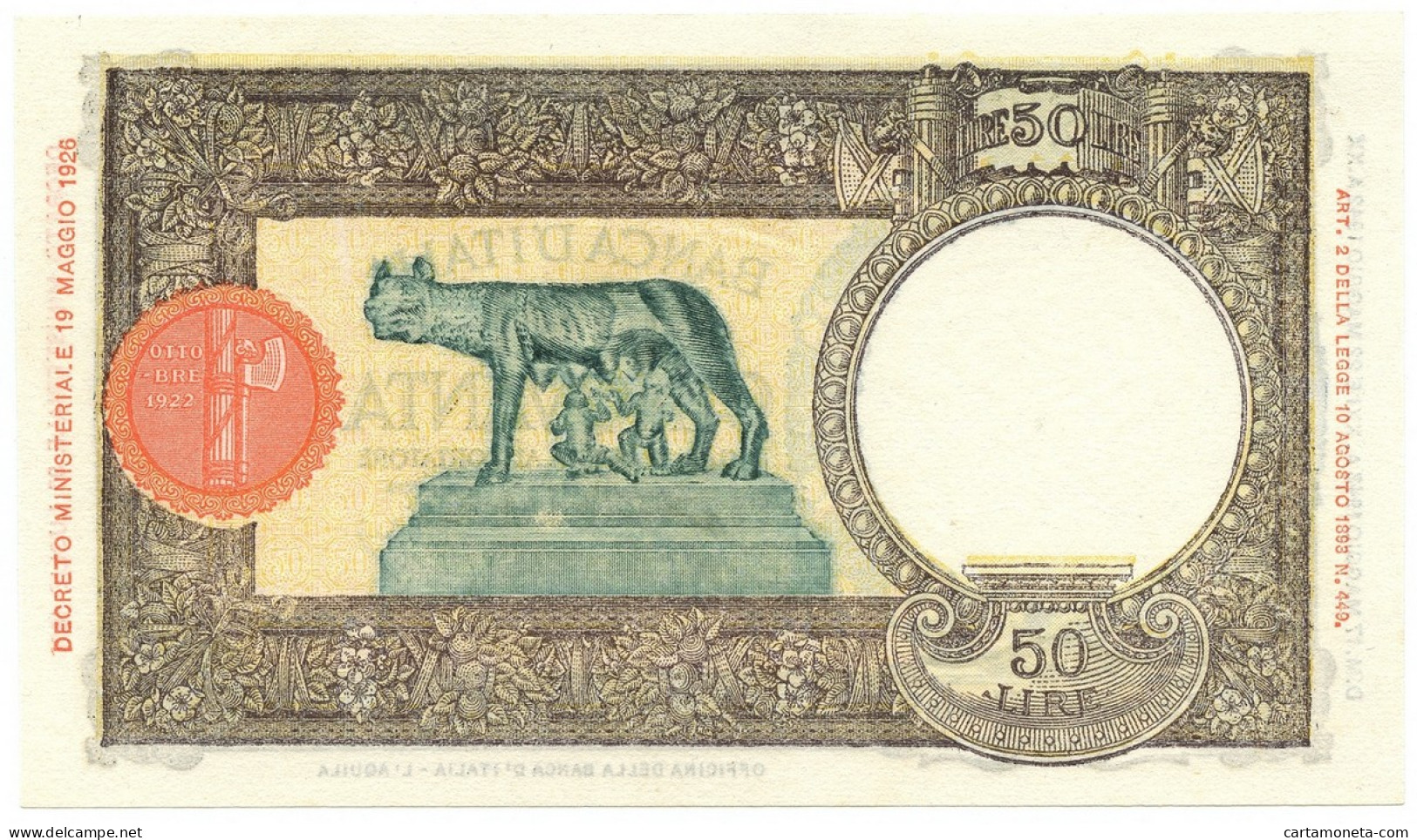 50 LIRE CAPRANESI LUPA CAPITOLINA M. STRETTO FASCIO L'AQUILA 17/05/1943 SUP+ - Regno D'Italia – Other