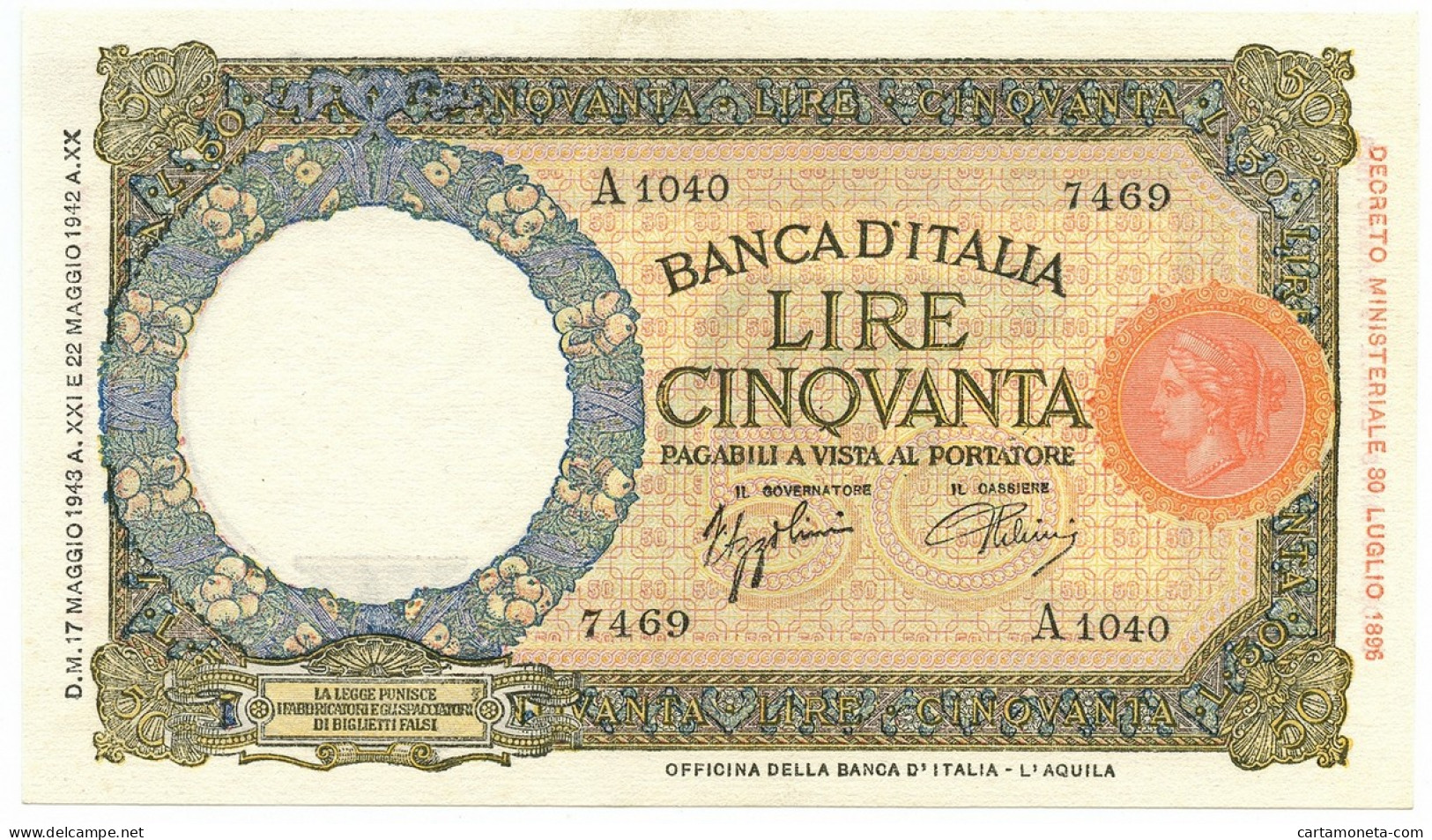 50 LIRE CAPRANESI LUPA CAPITOLINA M. STRETTO FASCIO L'AQUILA 17/05/1943 SUP+ - Andere