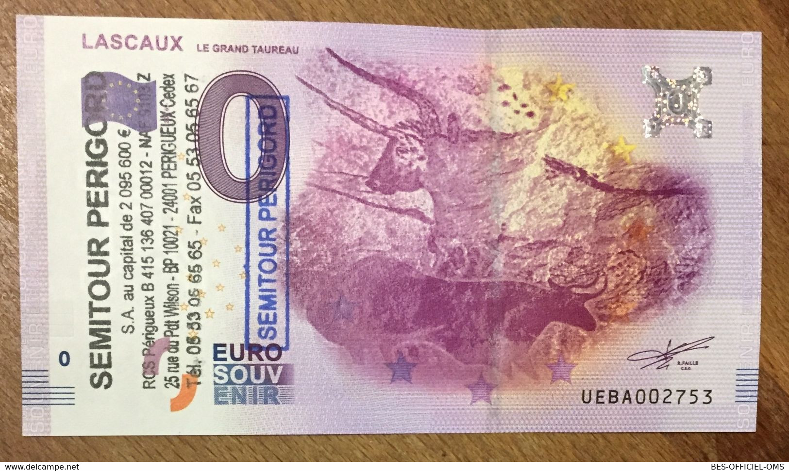 2016 BILLET 0 EURO SOUVENIR DPT 24 LASCAUX LE GRAND TAUREAU + TAMPON ZERO EURO SCHEIN BANKNOTE PAPER MONEY BANK - Essais Privés / Non-officiels