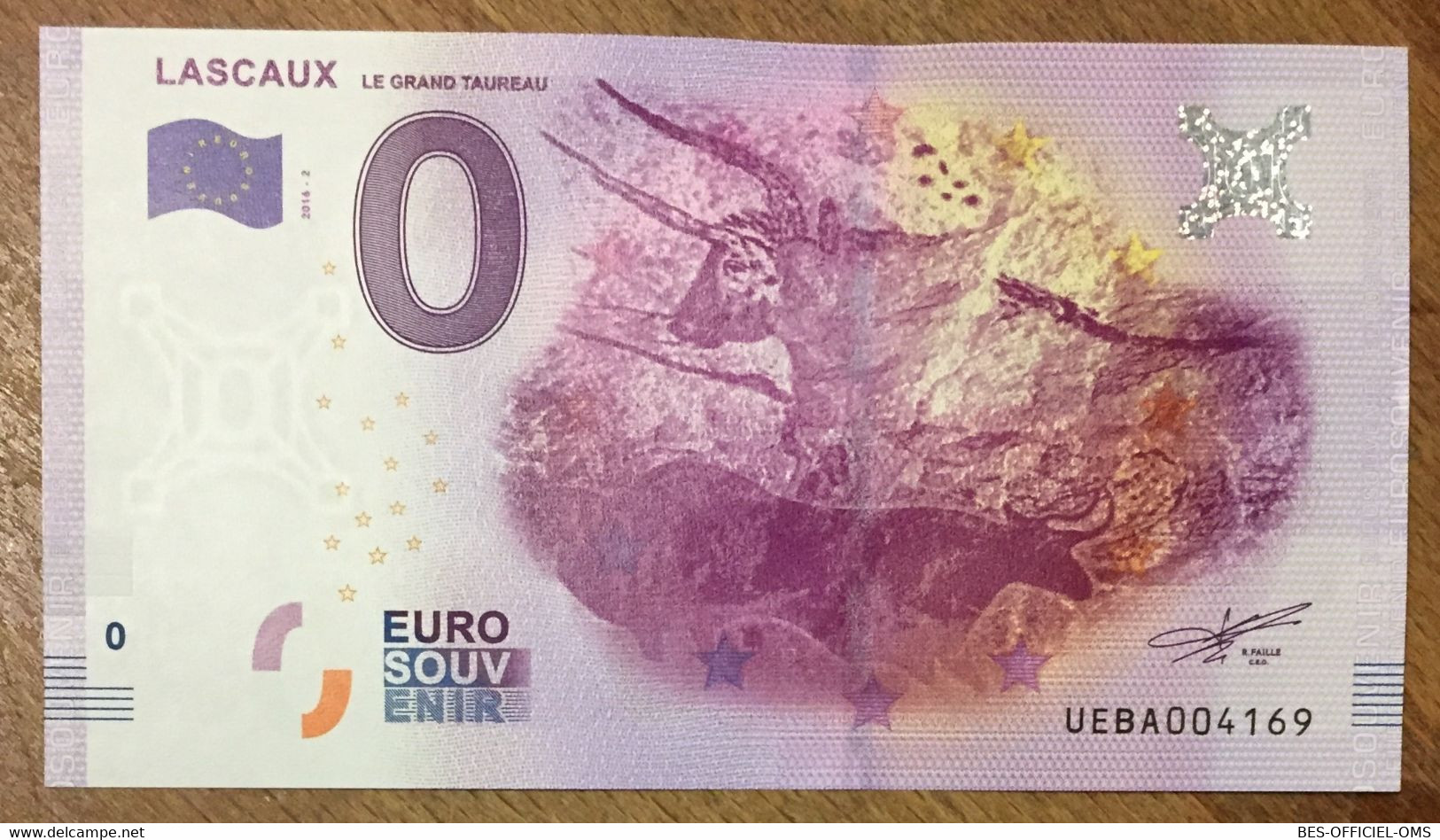 2016 BILLET 0 EURO SOUVENIR DPT 24 LASCAUX LE GRAND TAUREAU ZERO EURO SCHEIN BANKNOTE PAPER MONEY BANK - Essais Privés / Non-officiels