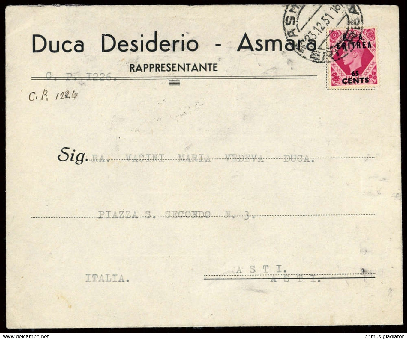 1950, Italenisch Eritrea Britische Militärpost, 21, Brief - Autres & Non Classés