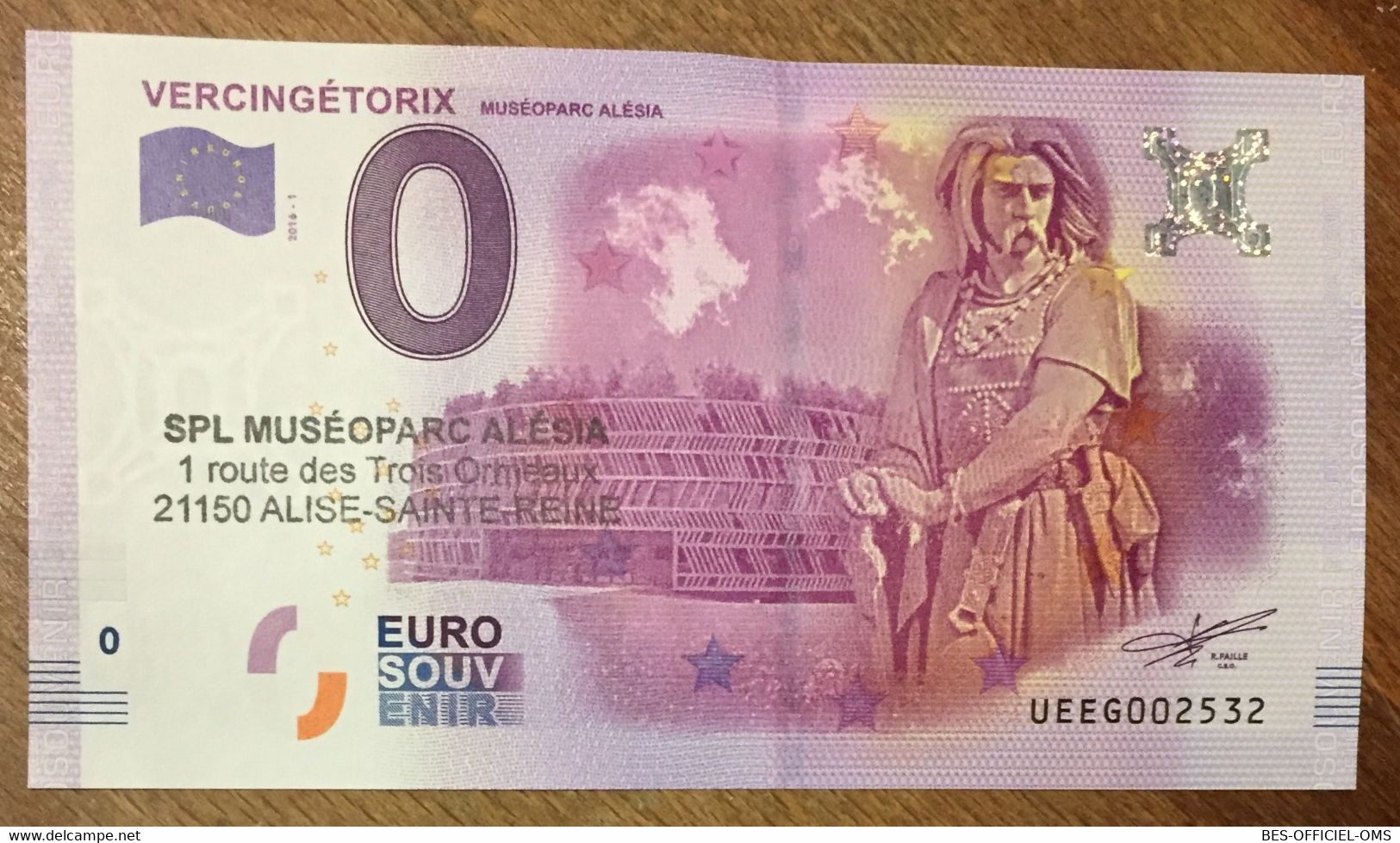 2016 BILLET 0 EURO SOUVENIR DPT 21 VERCINGETORIX MUSÉOPARC ALÉSIA + TAMPON ZERO EURO SCHEIN BANKNOTE PAPER MONEY BANK - Essais Privés / Non-officiels