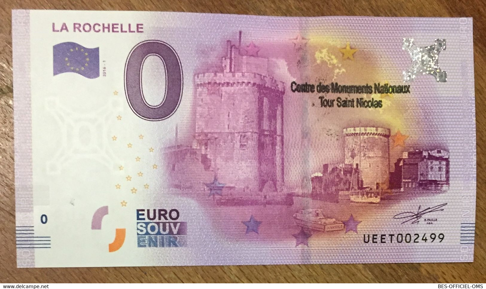 2016 BILLET 0 EURO SOUVENIR DPT 17 LA ROCHELLE + TAMPON ZERO EURO SCHEIN BANKNOTE PAPER MONEY BANK - Essais Privés / Non-officiels
