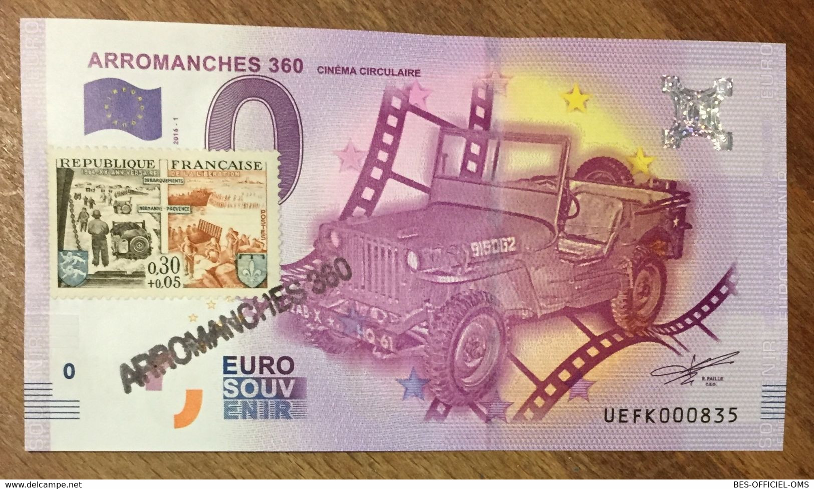 2016 BILLET 0 EURO SOUVENIR DPT 14 ARROMANCHES 360  JEEP + TIMBRE ZERO 0 EURO SCHEIN BANKNOTE PAPER MONEY BANK - Essais Privés / Non-officiels